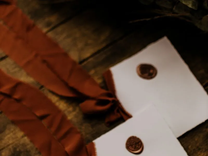 Deckled-edge cards with wax seals and rust ribbon on a wood table.